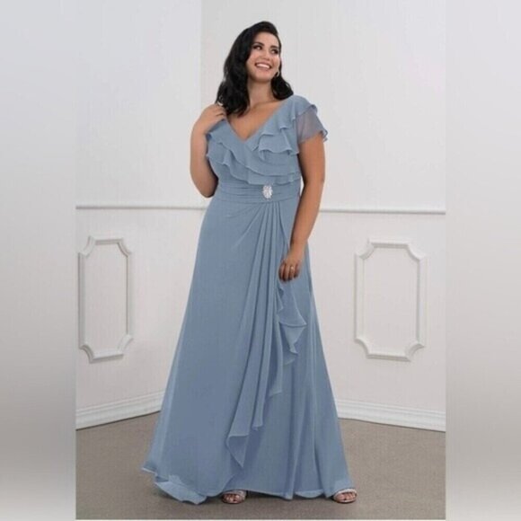 Azazie Dresses & Skirts - AZAZIE maxi dress A-Line Ruched Chiffon Floor-Length Dress Dusty Blue Size 10